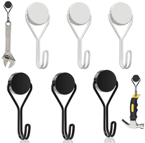 sinzau Ganci Magnetici, 6 Pezzi Neodimio Gancio Magnetico, Ganci Magnetic Girevoli, Magnete Gancio da 16 mm, Gancio per Cucina, per Griglie, Cucine, Armadietti, Uffici, Frigoriferi, Bianco e Nero