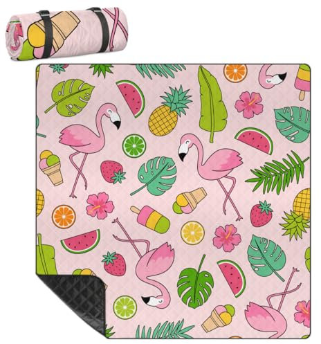 Mularoka Flamingo-Picknickdecke, wasserdicht, sanddicht, faltbar, Stranddecke, 200,7 x 200,7 cm, extra groß, tragbar, waschbar, Outdoor-Matte für Camping, Park, Gras, Wandern, Reisen