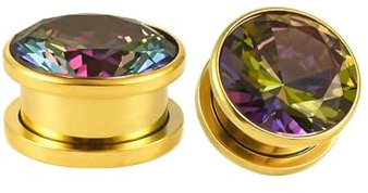 Stfery Ohr Plug Tunnel 10mm, 2 Stk Tunnel Plug Edelstahl Gold Mit Bunt Zirkonia Ohrringe Plugs Damen