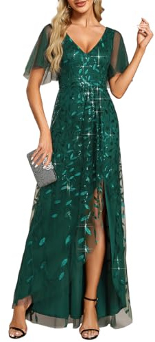 Ever-Pretty Vestido Largo de Invitada Boda Mujer Abertura Cuello en V Doble Asimétrico Lentejuelas Vestido Noche con Cintura Imperio Verde Oscuro 50