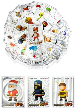 Cartas Coleccionables Stumble Guys, 55 Piezas de Tarjetas Stumble Guys Brillantes con Personajes Diferentes de Animación.Tarjetas de Gemas Intercambiables para Regalo. Niños y Adultos. Plata.
