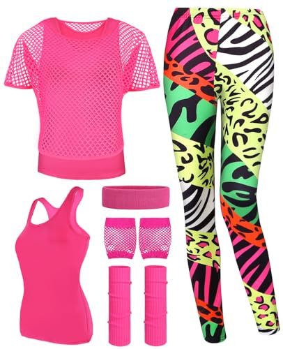 TraLxwee Ropa Años 80 Disfraz, Camisa de Rejilla Mujer, Camiseta Sin mangas, Leggings Artísticos, Calentadores de Piernas, Guantes de Red, Diadema, Años 80 Mujer de Fiesta de Neón para Mujer