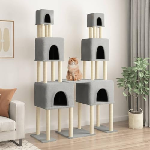 Homgoday Árbol para gatos con postes rascadores de sisal, gris claro, 199 cm, torre de árbol para gatos, postes rascadores multinivel, casa de escalada para gatos con escalera y condominios, centro de