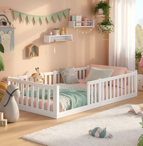 ALAVYA HOME® Titan Bodenbett 80x160 mit Rausfallschutz und Lattenrost - Kinderbett 80x160 aus Buchenholz FSC® zertifizert mit 2 Jahre Garantie - Montessori Bett in Weiß - Exklusives Beech Wood Bett
