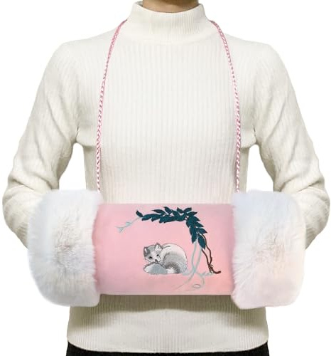 MatFirsmo Faux Fur Hand Muffs for Women Girls, Portable Winter Hand Warmer Pouch with Pocket and Strap, Cute Pink Embroidery Pattern Hand Muffler for Cold Weather