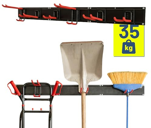 Pallit BRACKET-S Besenhalterung Wand Set (3 Schienen + 6 Haken) Gerätehalter Schwarz Schwerlast Wandhalterung für Gartengeräte, Besen & Sackkarren – Ideal für Garage und Schuppen