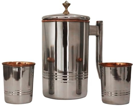 Stainless Steel and Pure Copper Water Pitcher with 2 Matching Tumblers for Ayurveda Health Benefits (57.48 fl. Oz.) (Bottom Lining with Brass Knob)