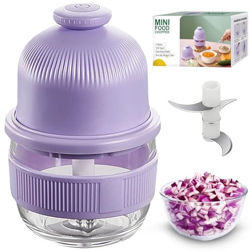 Cordless Food Processor, 350ml Glass Bowl Mini Garlic Chopper Wireless, Battery Operated Electric Food Chopper, Small USB Rechargeable Vegetable Meat Blender, Portable Kitchen Mixer, Xmas Gift, Purple