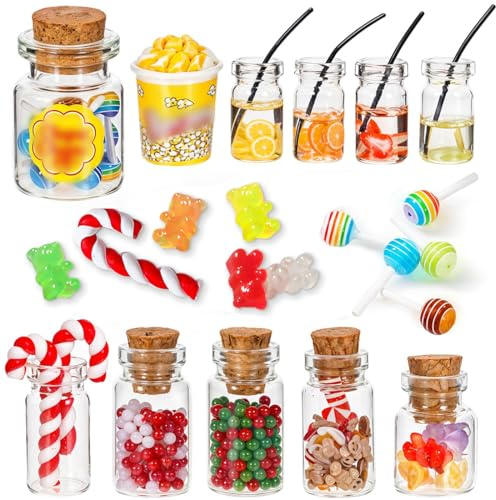 Wichtel Zubehör, Miniatur Weihnachten Süßigkeiten und Trinken Set mit Lolli Gummibärchen für Weihnachtsmarkt, Mini 1:12 Süßigkeitenstände Weihnachts Wichtelzubehör für Wichteltür Puppenhaus Deko