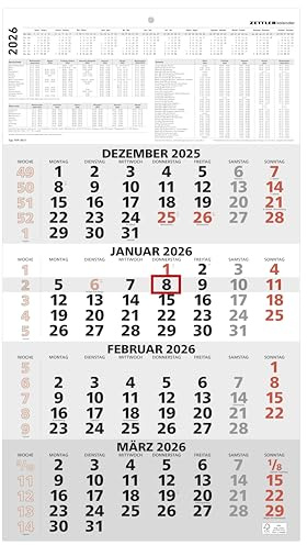 Zettler 4-Monatskalender rot 2026 – Wandkalender 33 × 59 cm mit Datumsschieber, 4 Monate pro Blatt, Kopftafel 15 cm, Wochenzählung, Jahresübersicht, Sonn- und Feiertage markiert, FSC