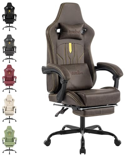 SUKIDA Chaise de gaming ergonomique avec repose-pieds - Chaise de bureau ergonomique avec support lombaire - Marron