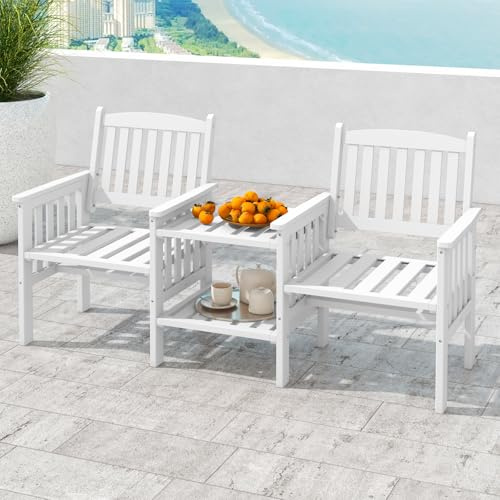 GIANTEX Gartenbank Holz mit Tisch, Holzbank Outdoor 2 Sitzer, Sitzbank Garten mit Schirmloch, Terrassenbank aus Tannenholz bis 330 kg belastbar, Friesenbank Kinobank für Balkon Terrasse 165x60x88 cm