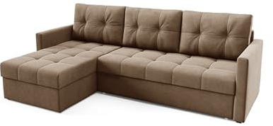 Sofello Ecksofa mit Schlaffunktion Samt mit Bettzeugaufbewahrung gestepptes Ecke Universelles Ecke mit Schlaffunktion IVIO (Manila 21 - braun)