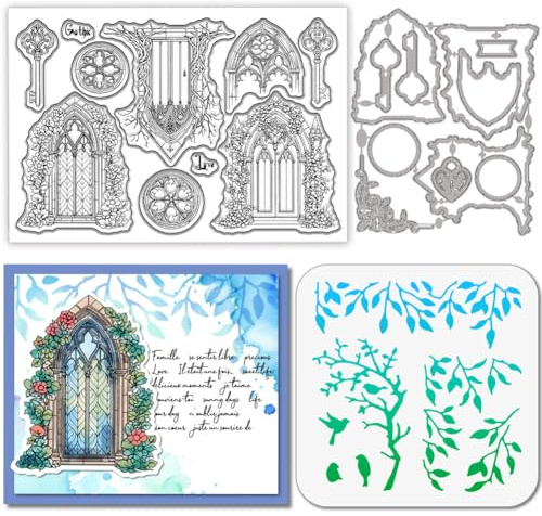 GLOBLELAND Vintage Gotische Architektur Klar Silikonstempel Metallfenster Tür Rahmen Schneidwerkzeuge Schichtungszweige Blätter Malhandwerksschablonen Für Kartenherstellung Scrapbooking Handwerk DIY