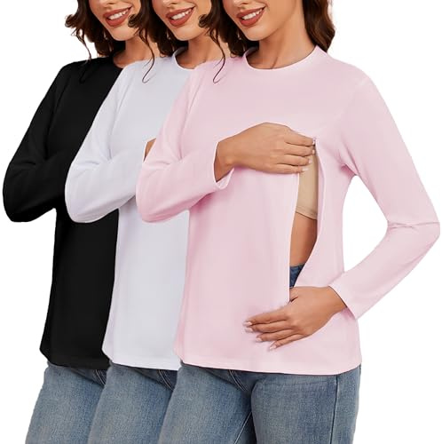 Love2Mi 3-Pack Women's Long-Sleeved Nursing Shirt with Zipper Maternity Wear for Breastfeeding T-Shirts for Pregnant Women, S