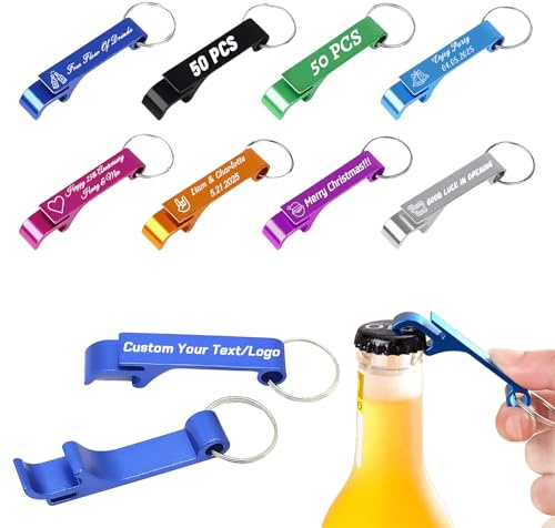 10-100 PCS Personalised Bottle Opener Keyring Bulk Engraved Logo Name Text Date, Custom Beer Caps Cans Soda Multi-Function Openers Keychain for Party Gatherings Wedding Favours Corporate Events (50)