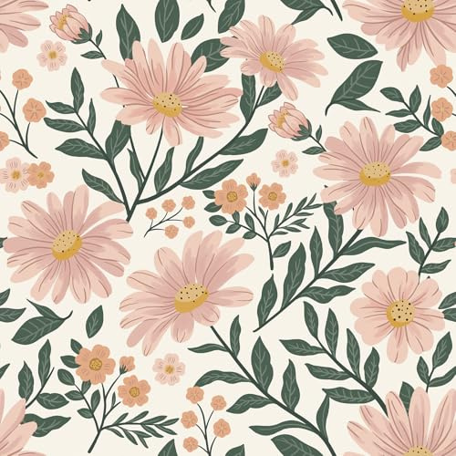 CiCiwind Peel and Stick Wallpaper White Floral Vinyl Wrap 44CM×3M Self Adhesive Wallpaper Pink Daisy Contact Paper Waterproof Sticky Back Plastic for Wall Furniture