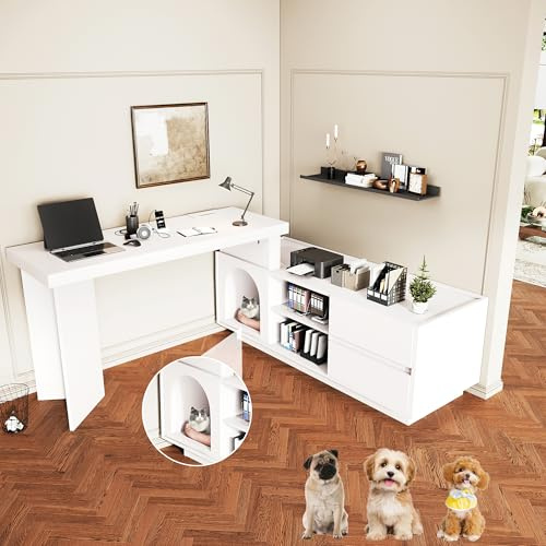 Merax Eckschreibtisch 120x50x75cm, mit integriertem Tierhaus, verdickte Platte, L-förmig oder gerade aufstellbar, mit Regalen & Schubladen, platzsparender Computertisch für Homeoffice, Weiß