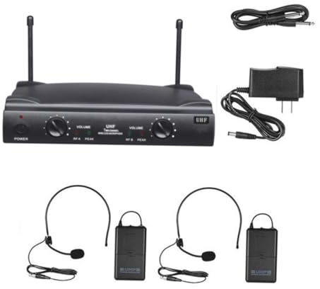 HIAKDOFT Sistema Inalámbrico de Micrófono UHF Dual con Transmisores de Cuerpo y Micrófonos de Diadema para Karaoke y Presentaciones Alcance hasta Salida XLR y Audio Profesional