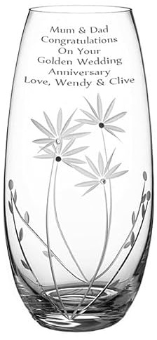 Personalised Vase, etched with flowers, each one accented with Diamante crystals, barrel shape, 25cm high, beautiful engraved, lovely gift box
