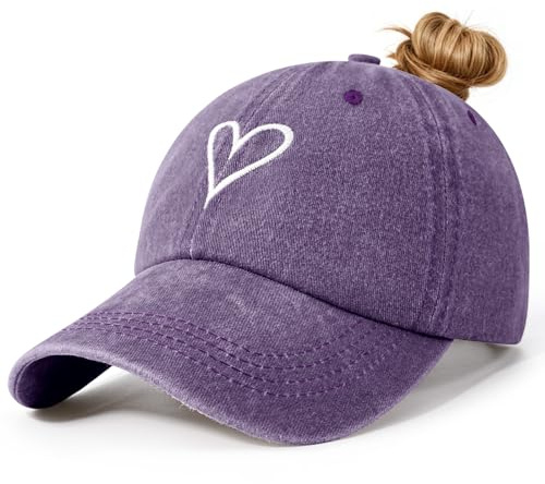 Voqeen Damkeps med Fläta Hål Sommarkäppa Justerbar Basecap Bomull Vintage Baseballkeps med Broderi Andningsbar Cappy Utomhus Skyddskeps, En lila, one size