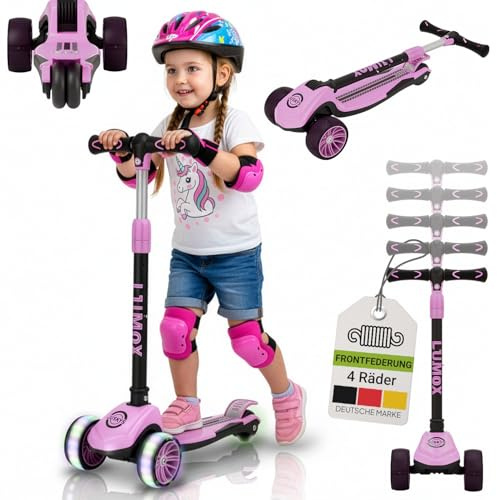 JUSKYS® Kinderroller Lumox Rosa - LED-Rollen mit 4-Farb-Blinkeinstellung, höhenverstellbarer Kinderscooter, klappbar & Hinterradbremse, Dreiradscooter