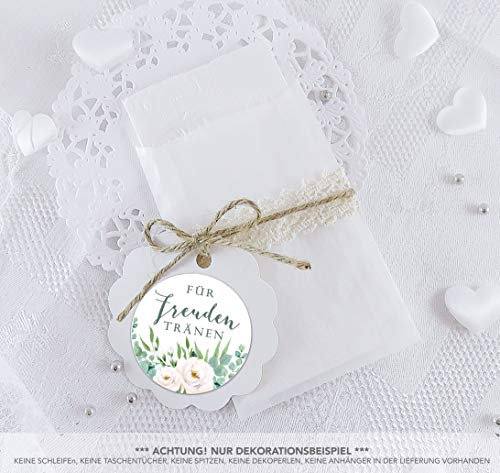Freuden Tränen Taschentücher Set zur Hochzeit Klein 24 Sticker + 24 Flachbeutel Pergamin 63 x 93mm Freudentränen Taschentuch Verpackung GRÜN WEIß BOHO HIPPIE ROSEN EUKALYPTUS BLÄTTER