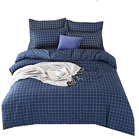 Chickwin Chickw1 Bettwäsche Set 4 Teilig, Bettwäsche Set 135x200 200x200 100% Mikrofaser Flashion Stil Gemütlich Bettbezug -Set,1 Bettbezug +2 Kissenbezug+1 Blätter (135x200cm,E-dunkelblaues Plaid)