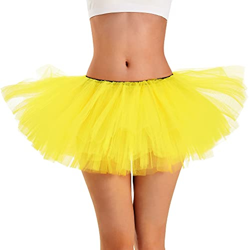 Phantomon Tutu Skirt Women's Teens Classic Elastic 5 Layered Tulle Ballet Skirt, 1950s Vintage Style Short Skirt, Adult Size, Yellow, One Size