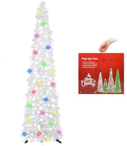 N&T NIETING Künstlicher Weihnachtsbaum mit Beleuchtung, Pop Up Weihnachtsbaum 150cm, Pailletten Weihnachtsbaum künstlich Weihnachtsdeko für Weihnachten, Partybedarf, Haus Dekoration, Weiß