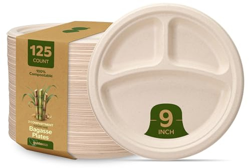 Comfy Package [9 Inch - 23 cm - 125 Count Heavy-Duty 100% Compostable Plates, 3 Compartment Eco-Friendly, Kraft Disposable Sugarcane Paper Plates - Brown Unbleached
