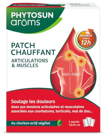 Phytosun Arôms - Patch chauffant Articulation & Muscles - au Charbon Actif Végétal - Soulage les douleurs - Efficace jusqu'à 12H - Boîte de 3 patchs