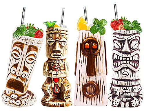 Vinbcorw Tiki Becher Tiki Tassen 4er Set Keramik Becher niedliche exotische Cocktailgläser Hawaii Party Tiki bar deko für exotische Party Tasse Mit 4X Strohhalmen,Beige