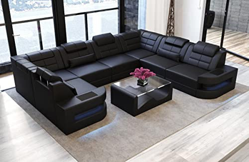 Sofa Dreams Wohnlandschaft Como U Form Ledersofa (Langer Schenkel rechts, Black)