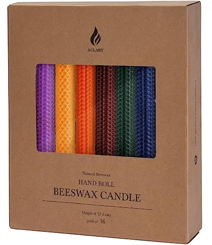 16PCS 9 Hand-Rolled Beeswax Taper Candles, Real Pure Beeswax, Handmade Honeycomb Candles, Flat Top, 8 Colors