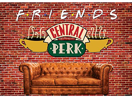 SeekPro 7x5ft Central Perk Friends Party Backdrop Red Brick Wall Retro Pub Sofa and Coffee Photography Background for Adult Birthday Ball Decorations Portraits Photoshoot SK6247B