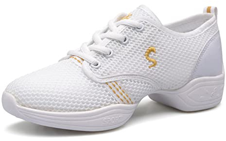 Dansskor Kvinnors Moderna Mjuka Botten Jazzsportskor Aerobics Andningsbar Lätt Dans Fitness Sport Dam(39 EU, White)