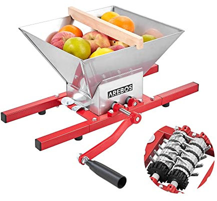 Arebos Molino de Frutas 7L | Molino de Bayas Prensa de Frutas | Picador de Frutas con Manivela | Molino de Uvas con Embudo de Acero Inoxidable y Tubo de Llenado | Molino de Puré | Molino para Sidra