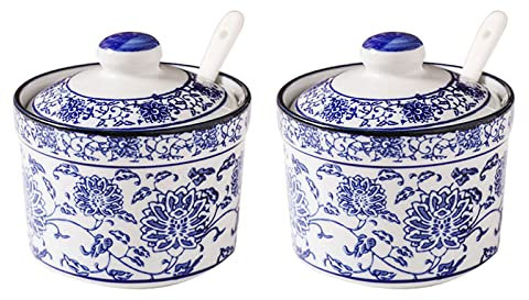 Azucarero De Porcelana Azul Y Blanca China Con Tapa, Azucarero De Porcelana Con Cuchara, Salero Pequeño, for Barra De Café, Restaurante-Azul Y Blanco-Frascos Individuales (Color : Blue and White, Size