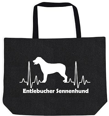 Merchandise for Fans Einkaufstasche Umhängetasche Schultertasche Baumwolltasche Shopper - schwarz - für Schule, Arbeit, Einkauf: Herzschlag EKG Hund Entlebucher Sennenhund 01