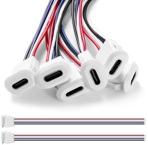 KUOQIY 6 Pièces USB-C Femelle 4 Fils Connecteur de Prise 3A Avec Boucle à Rainure à Pression, Type-C Souder Avec 150mm 24 AWG, Blanc
