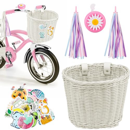 Fhrradkorb für Kinder Kleiner Fahrradkorb für Jungen und Mädchen Geflochtener Fahrradkorb Vorne Inklusive PU-Befestigungsgurt, Fahrradklingel, Quasten und Aufklebern Fahrradzubehör für Kinder(Weiß)