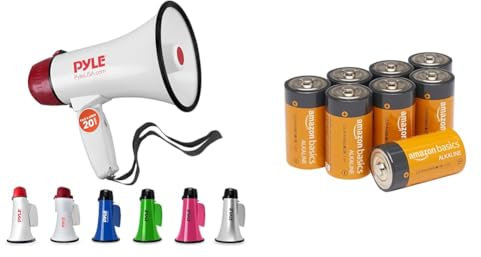 Pyle Audio Megafon, 20 W, Weiß, S & Amazon Basics C-Zellen Allzweck-Alkaline-Batterien, 5 Jahre Haltbarkeitsdauer, 8 Stück