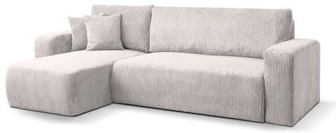 VENASI MÖBEL Ecksofa mit Schlaffunktion Luna L, Beige Cordstoff | Sofa mit Bettkasten, Schlaffläche 125 × 200 cm, inkl. Kissen & Aufbauanleitung