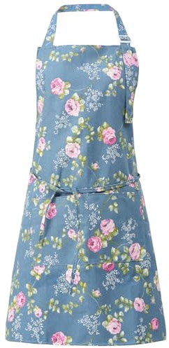 DILLMAN Aprons for Women with Pockets Cotton Linen Cooking Kitchen Baking Soft Durable Floral Gardening Apron, Blue, Full Length, Adjustable Strap