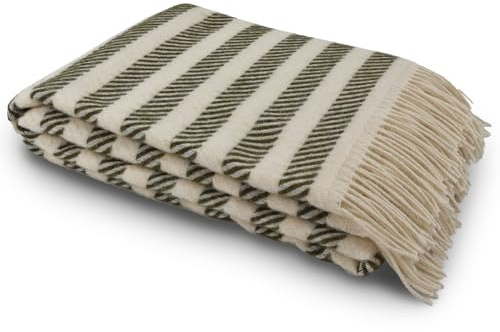GLAESER Wohndecke Fair de Luxe | Sofadecke/Couchdecke | Kuschelige Tagesdecke | Flauschig & Kuschlig (Neuseelandwolle, Bianco V-Olive Drab)