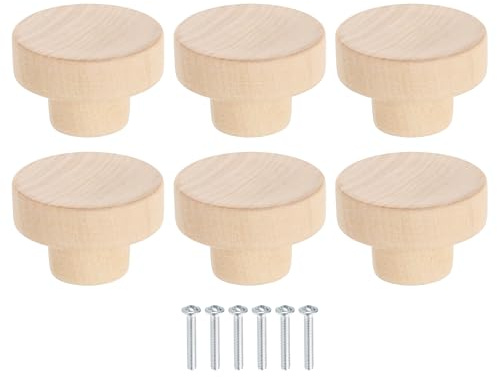 sourcing map 6Pcs Round Wood Drawer Knob, 1 5/8 Diameter Flat Round Dresser Knobs Wooden Knobs with Screws for Furniture Drawer Dresser Wardrobe Cupboard