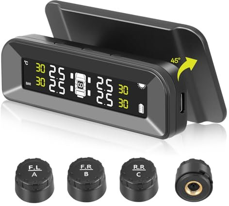 Tyre Pressure Monitoring System TPMS Solar Wireless Car Tire Pressure Monitor System, Adjustable Angle Universal Waterproof Tyre Pressure Monitor with 4 External Sensors Pressure Range 0-3 bar 43Psi