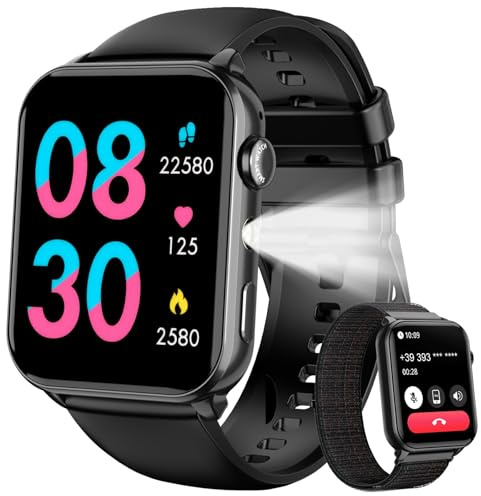 IOWODO Smartwatch Herren Damen | Bluetooth Anrufe & LED-Leuchte | SpO2 & Schlafüberwachung | 350mAh (6+ Tage) | 2 Armbänder (Silicone/Nylon) | Fitnessuhr für Android & iOS