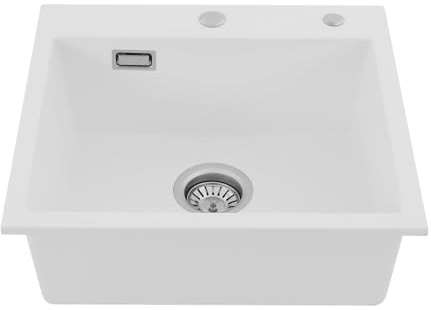 Évier de cuisine encastrable en pierre de quartz 50 x 45 cm, 1 cuve avec bonde et trop-plein (blanc)